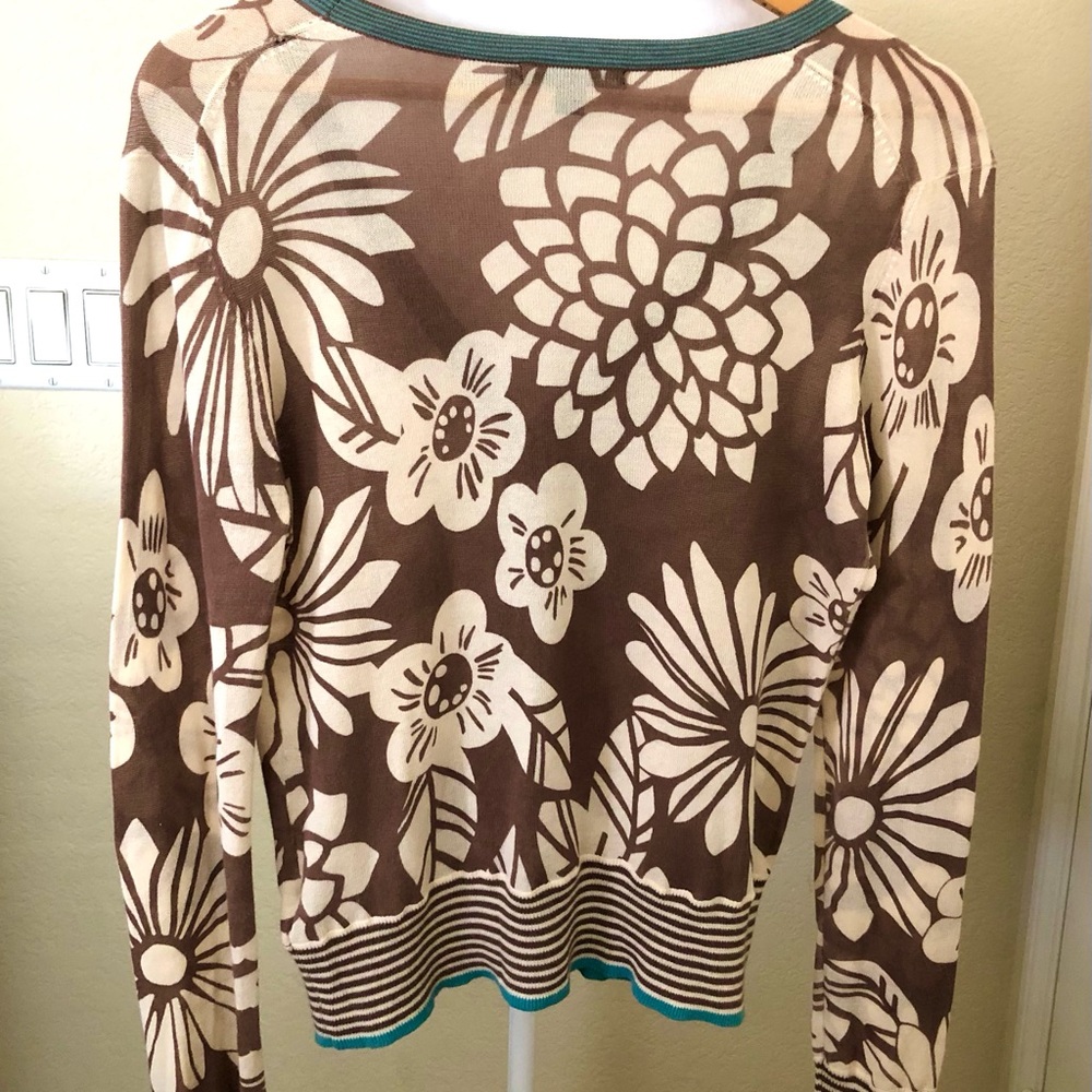 Boden Brown Floral Very Lightweight Cotton Cardigan W/Blue Accent Color - Picture 2 of 13